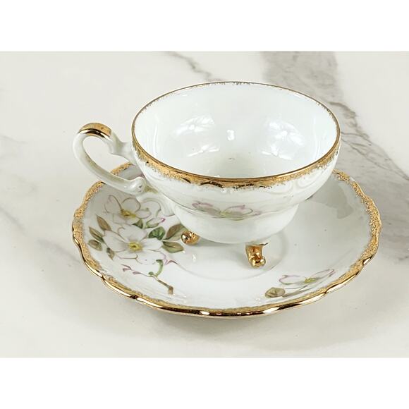 Cherry China Teacup Footed Saucer Floral Gardenias Gold Trim 30's Japan Vintage - Picture 7 of 14